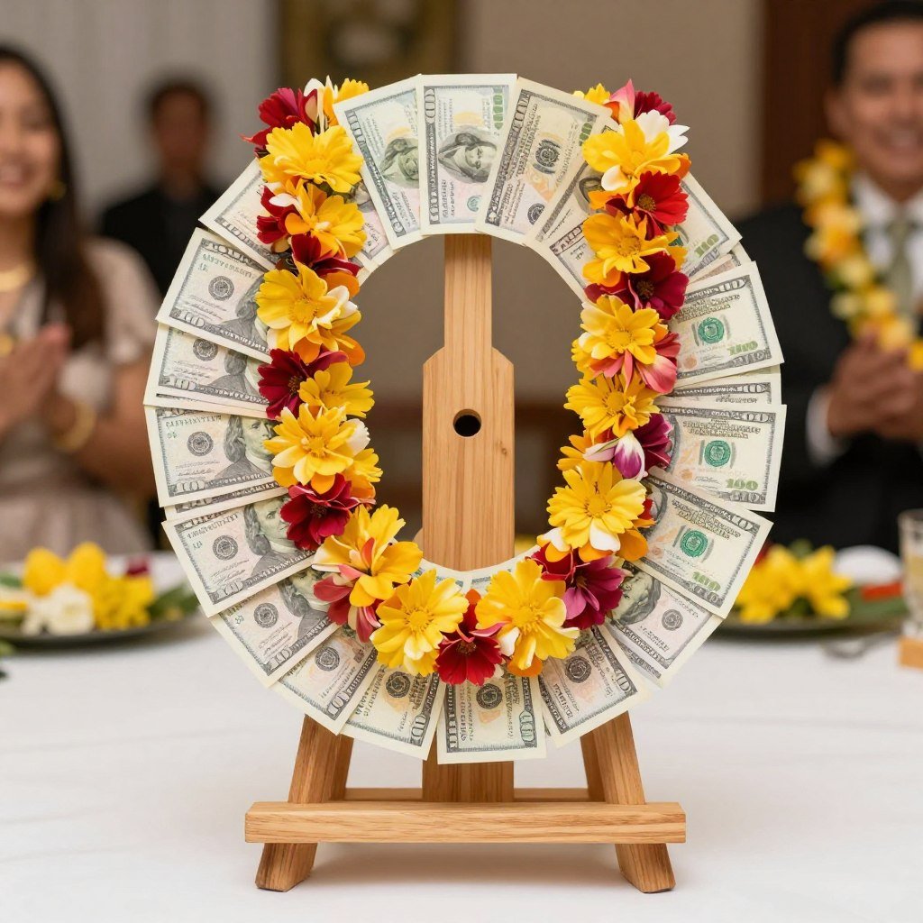 Money lei displayed on decorative stand