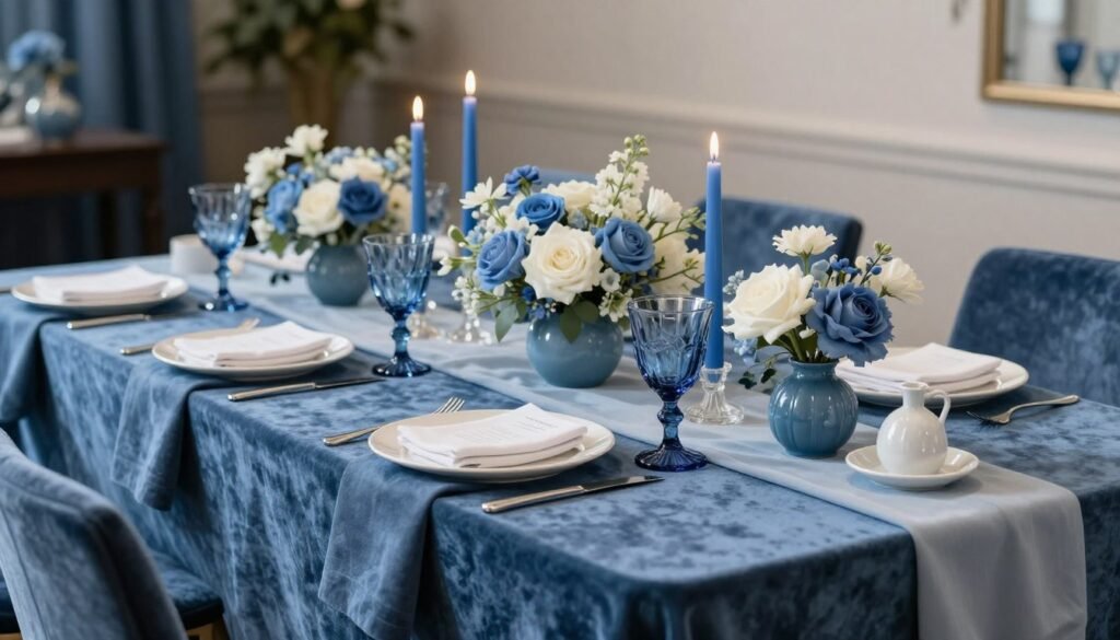 Monochromatic bridal shower table in varying shades of blue with different textures and materials