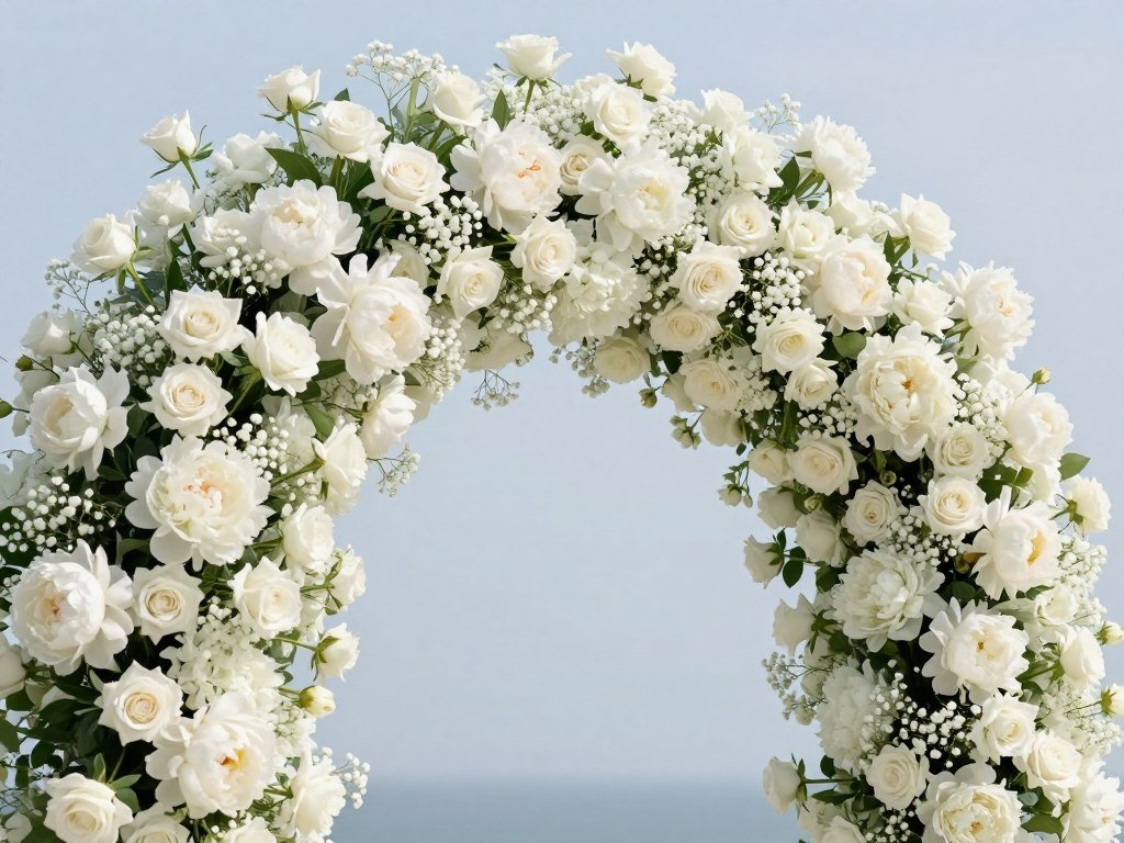 Monochromatic white floral arch decoration wedding with various textures