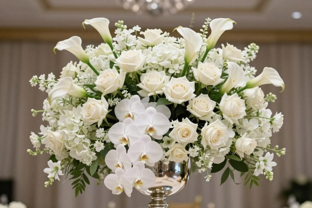 Monochromatic white wedding floral arrangement