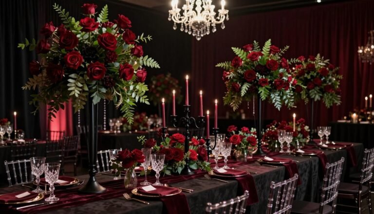 Moody romantic wedding decor featuring deep burgundy and black elements with candlelight