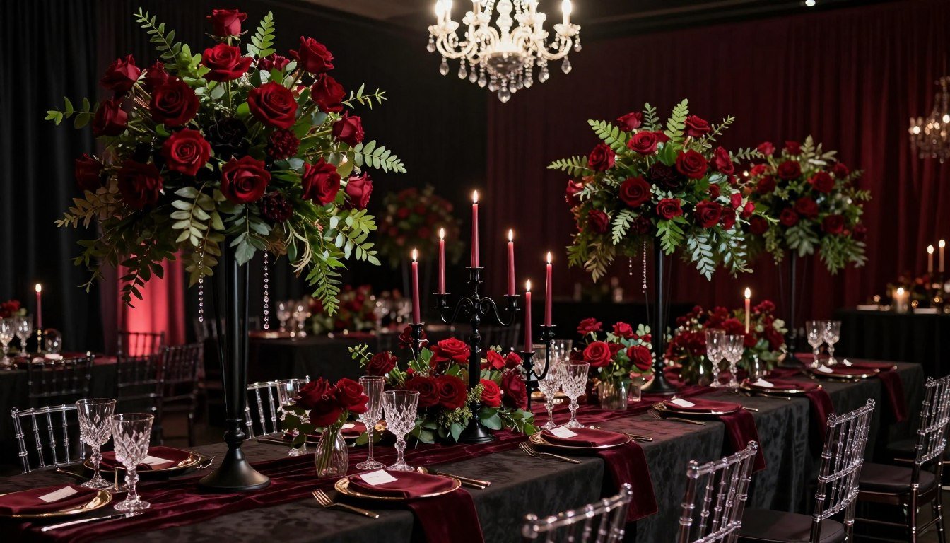 Moody romantic wedding decor featuring deep burgundy and black elements with candlelight