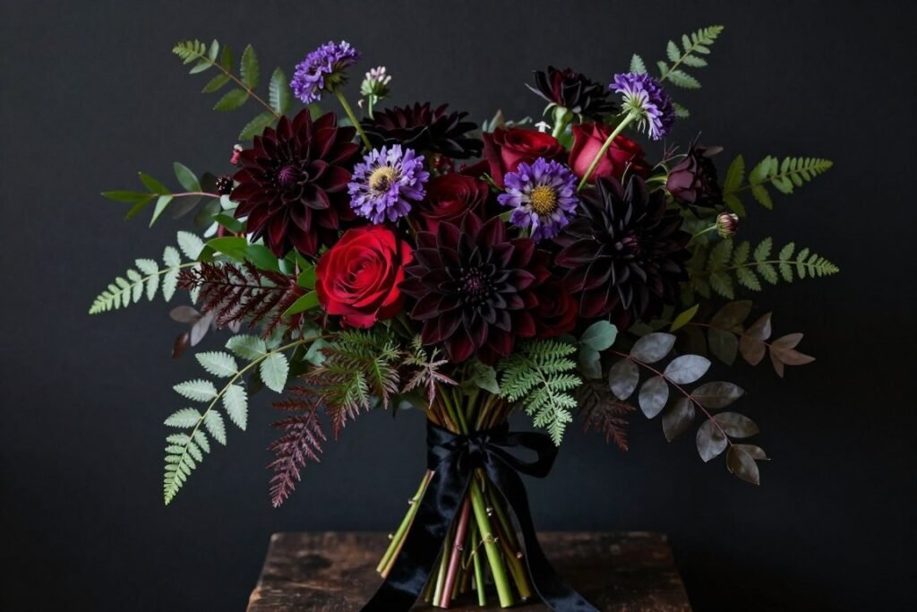 Moody wedding bouquet with dark red and burgundy flowers Moody wedding bouquet with dark red and burgundy flowers