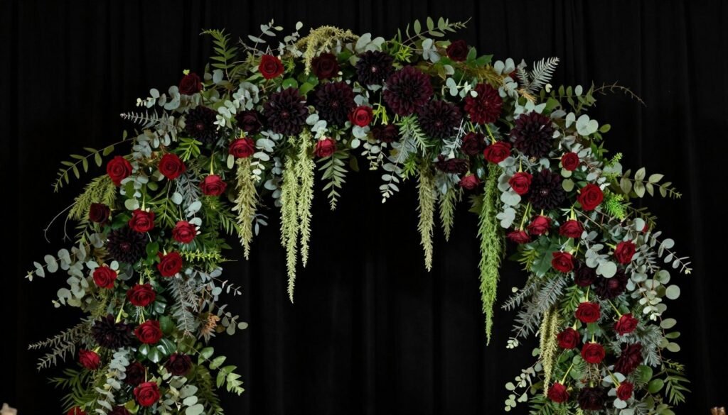 Moody wedding ceremony arch with dramatic florals and greenery Moody wedding ceremony arch with dramatic florals and greenery