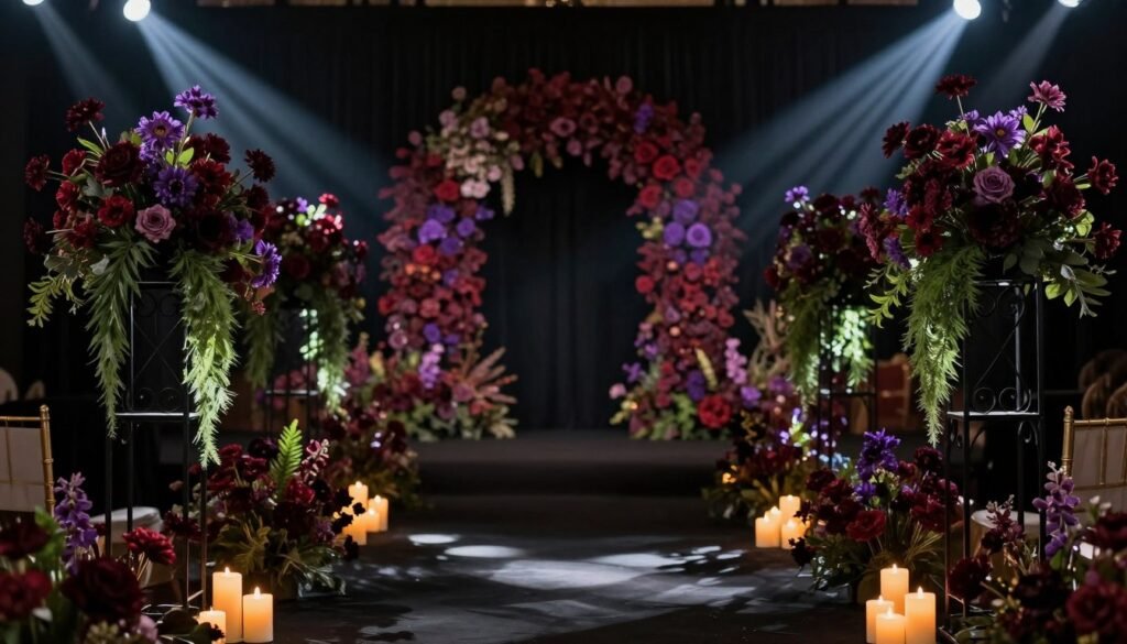 Moody wedding ceremony space with dramatic lighting and floral installations Moody wedding ceremony space with dramatic lighting and floral installations