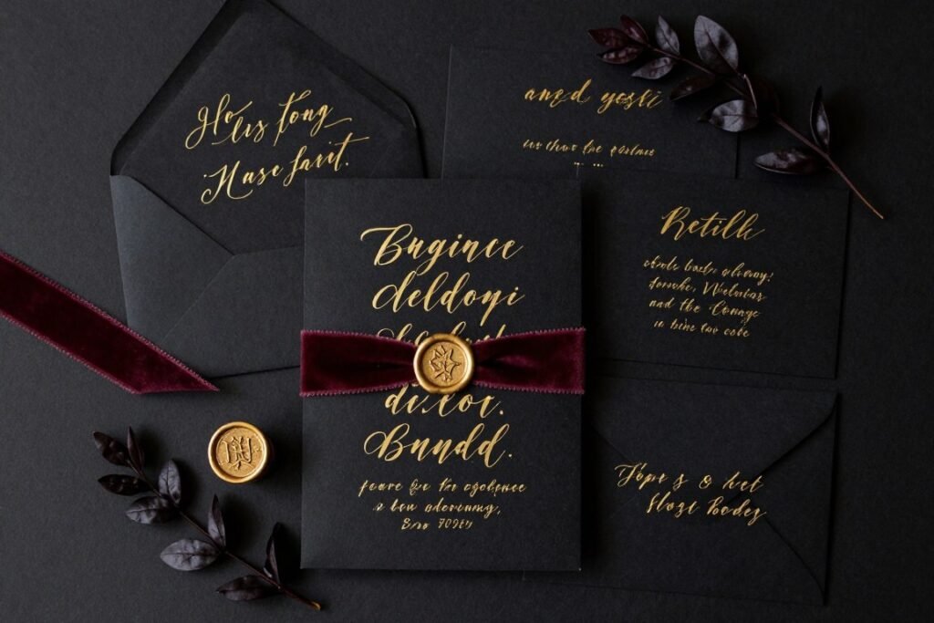 Moody wedding invitation suite with black paper and gold calligraphy Moody wedding invitation suite with black paper and gold calligraphy