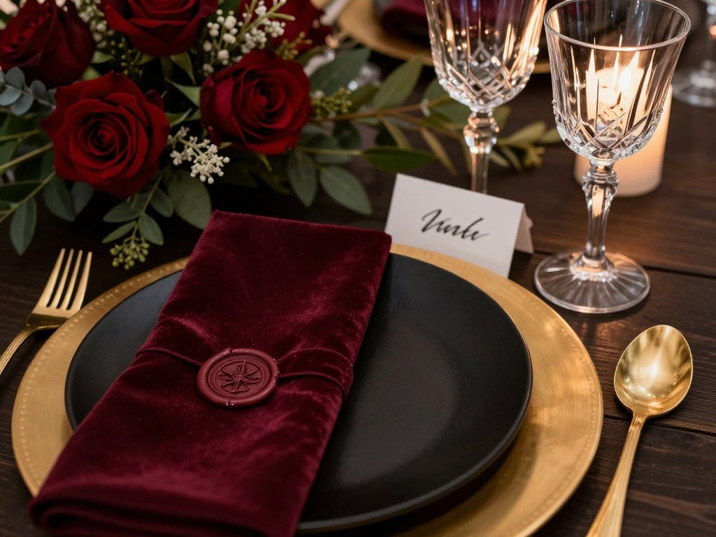 Moody wedding place setting with black plates and gold cutlery Moody wedding place setting with black plates and gold cutlery