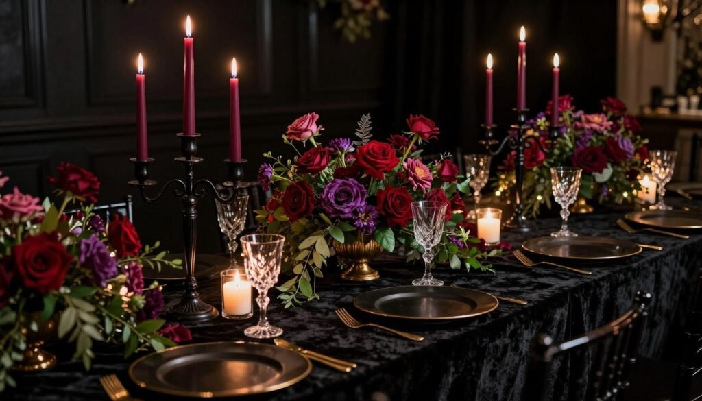 Moody wedding reception table with dramatic centerpieces and candles Moody wedding reception table with dramatic centerpieces and candles
