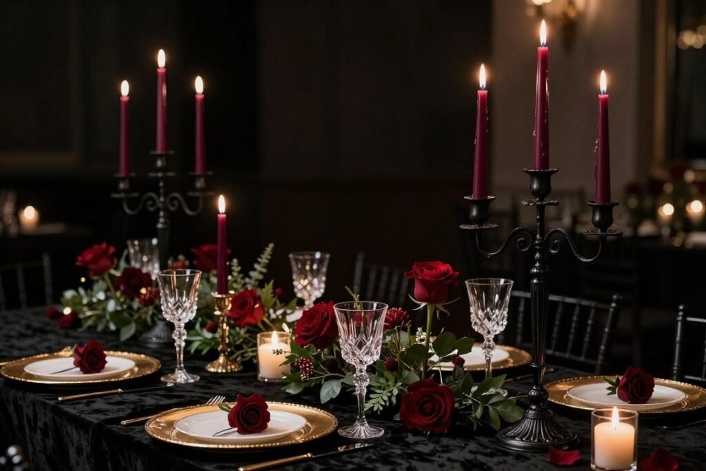 Moody wedding table setting with black candelabras and burgundy candles Moody wedding table setting with black candelabras and burgundy candles