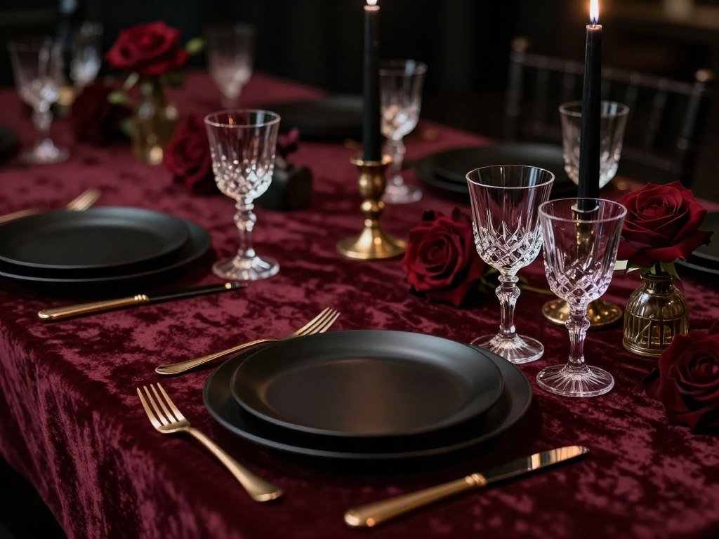 Moody wedding table with velvet linens and textural elements Moody wedding table with velvet linens and textural elements