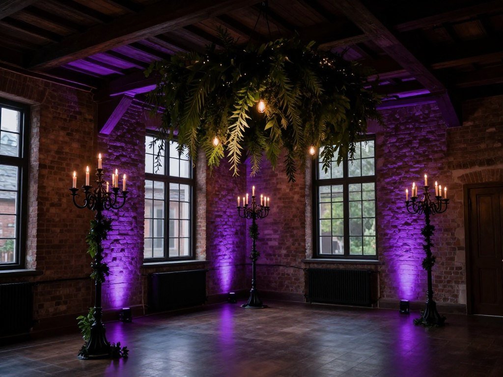 Moody wedding venue with architectural features and dramatic lighting Moody wedding venue with architectural features and dramatic lighting