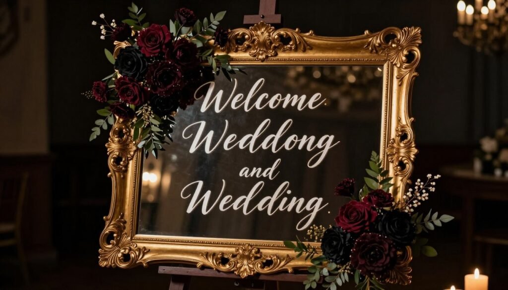 Moody wedding welcome sign on vintage mirror with floral accents Moody wedding welcome sign on vintage mirror with floral accents