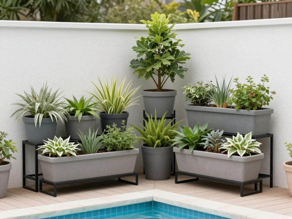 Multi-level planter arrangement with plants at different heights creating dimension around a pool corner Multi-level planter arrangement with plants at different heights creating dimension around a pool corner