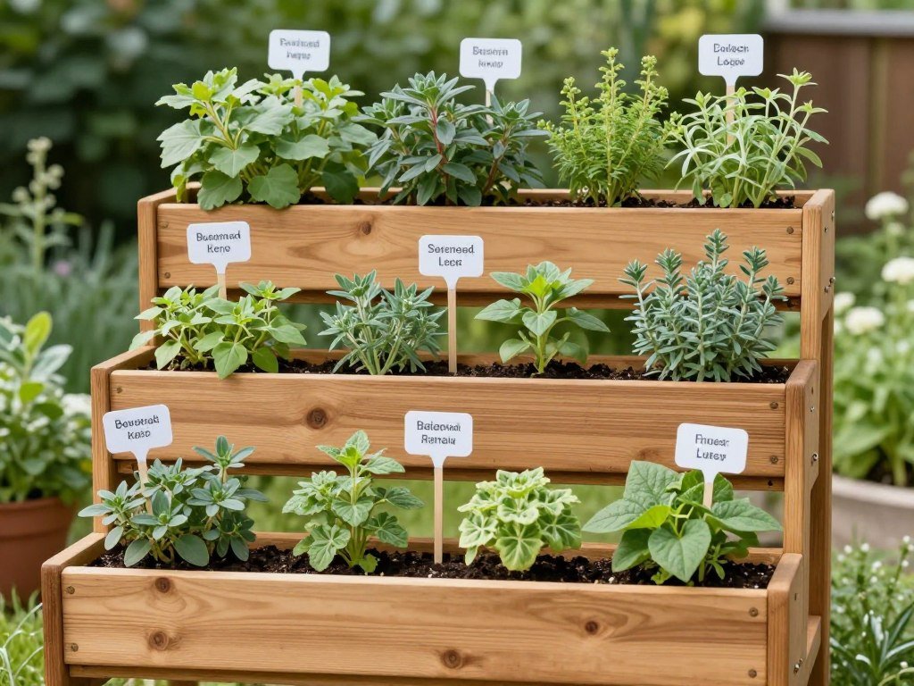 Multi-tiered wooden herb planter with different levels for various herbs Multi-tiered wooden herb planter with different levels for various herbs