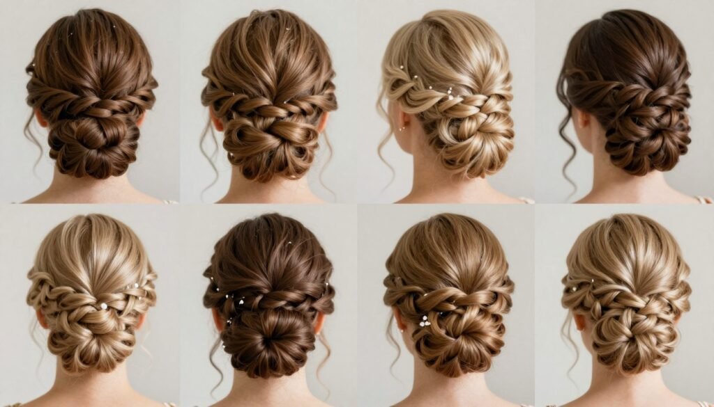 Multiple elegant updo variations for bridesmaids showing different styling techniques Multiple elegant updo variations for bridesmaids showing different styling techniques