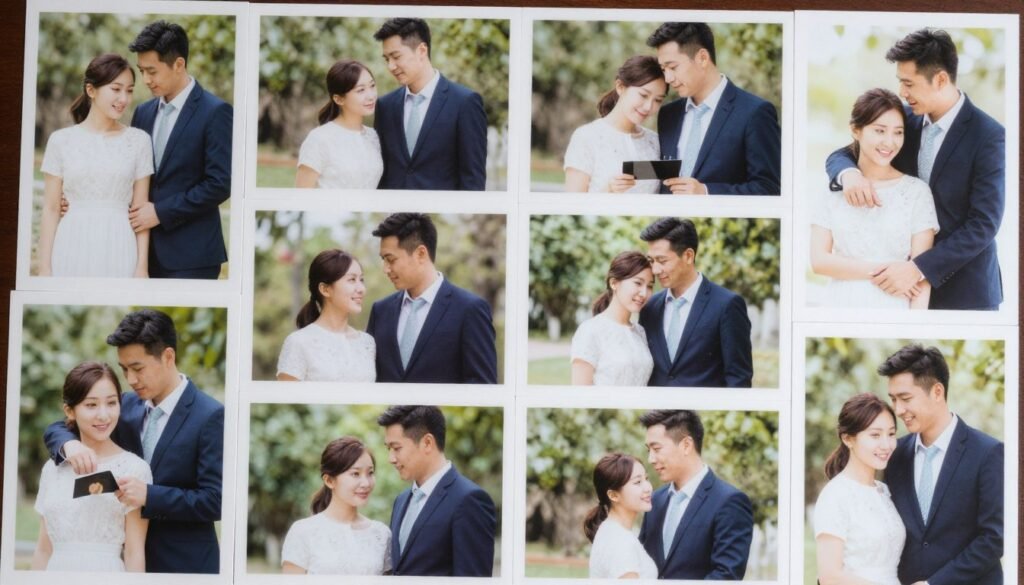 Multiple engagement photos displayed for save the date selection process