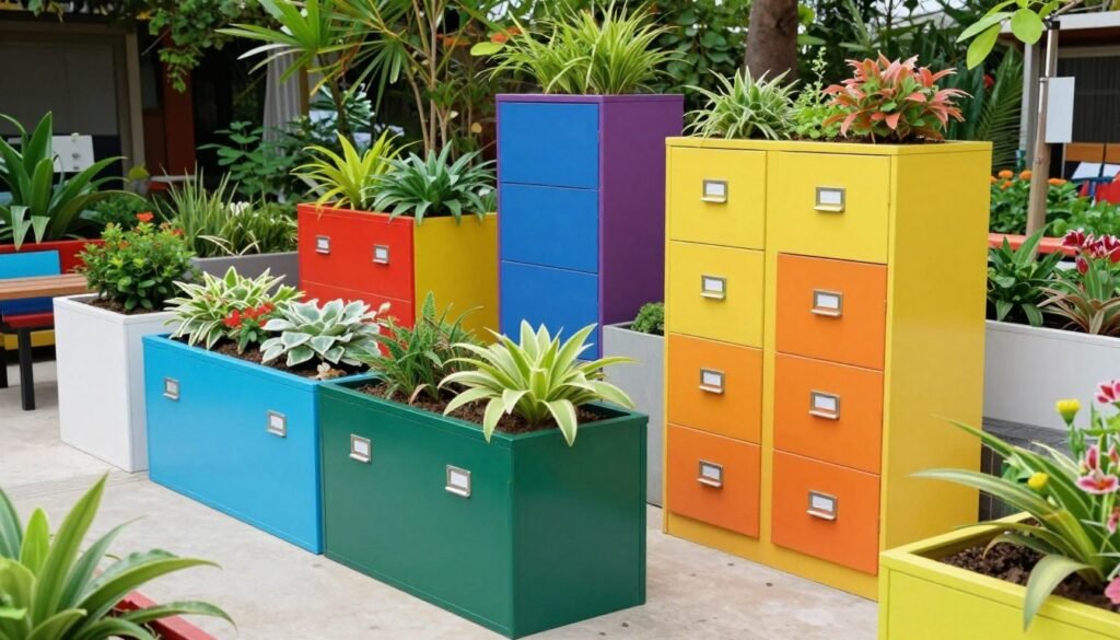 Multiple file cabinet planters arranged in a garden setting