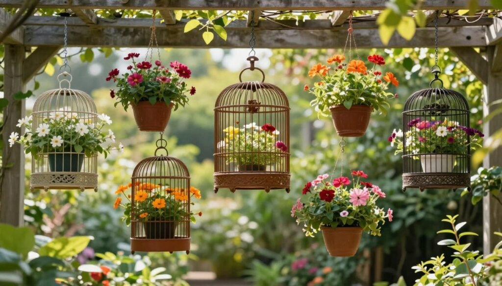 Multiple hanging birdcage planters suspended at different heights in a garden setting