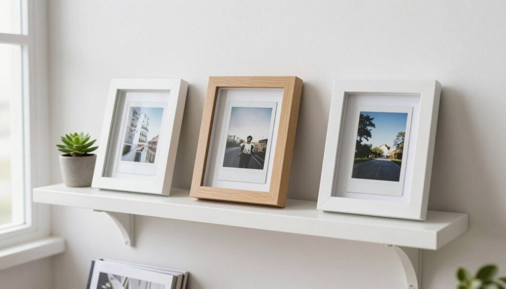 Multiple polaroid photos in shadow box frames on shelf Multiple polaroid photos in shadow box frames on shelf