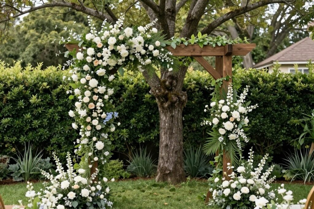 Natural garden elements as backyard wedding backdrop