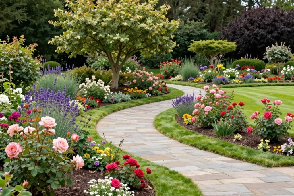 Natural garden landscape with blooming flowers and pathways