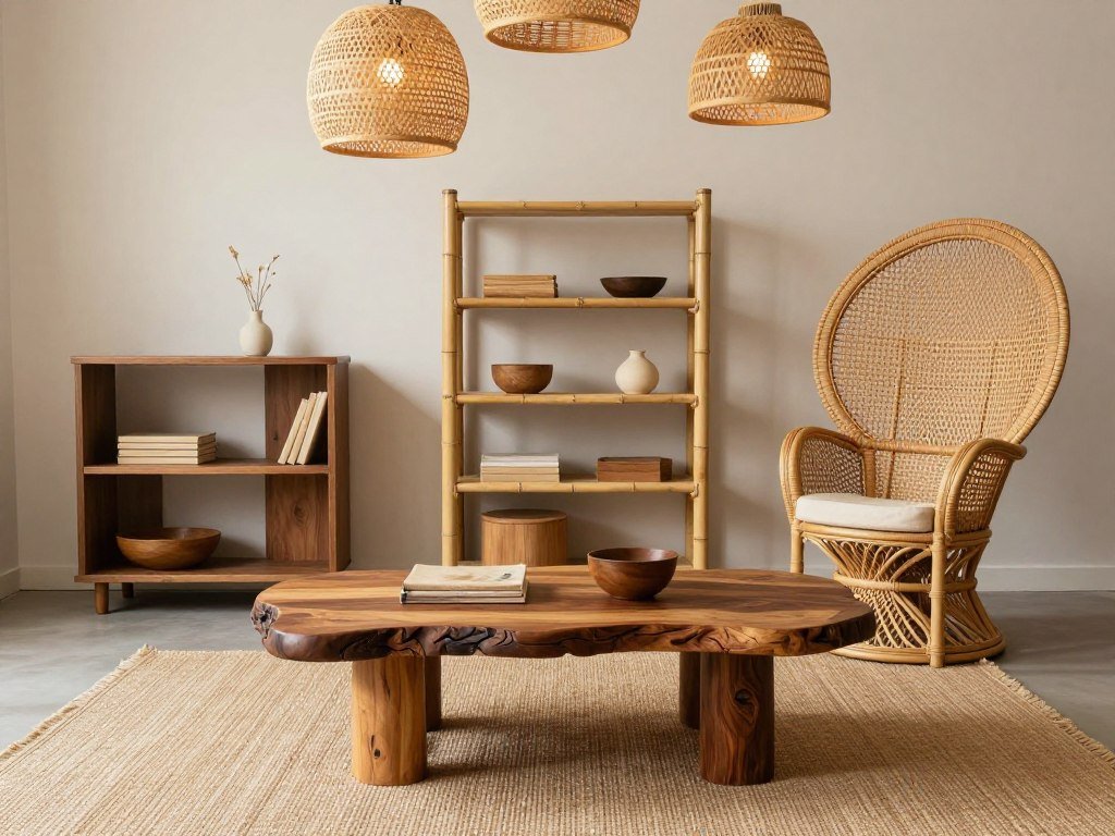 Natural materials in afro boho decor including wooden furniture, rattan chairs, and jute rugs Natural materials in afro boho decor including wooden furniture, rattan chairs, and jute rugs