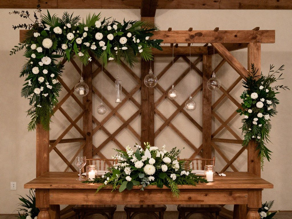 Natural wooden backdrop for rustic wedding head table with greenery