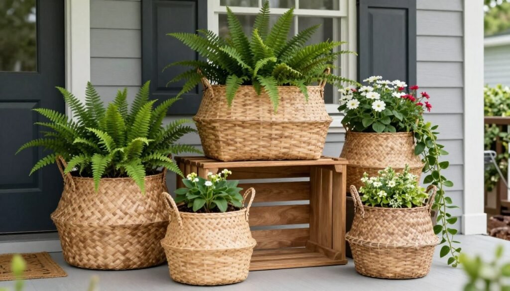 Natural woven baskets and wooden crates used as planters creating texture on a front porch Natural woven baskets and wooden crates used as planters creating texture on a front porch