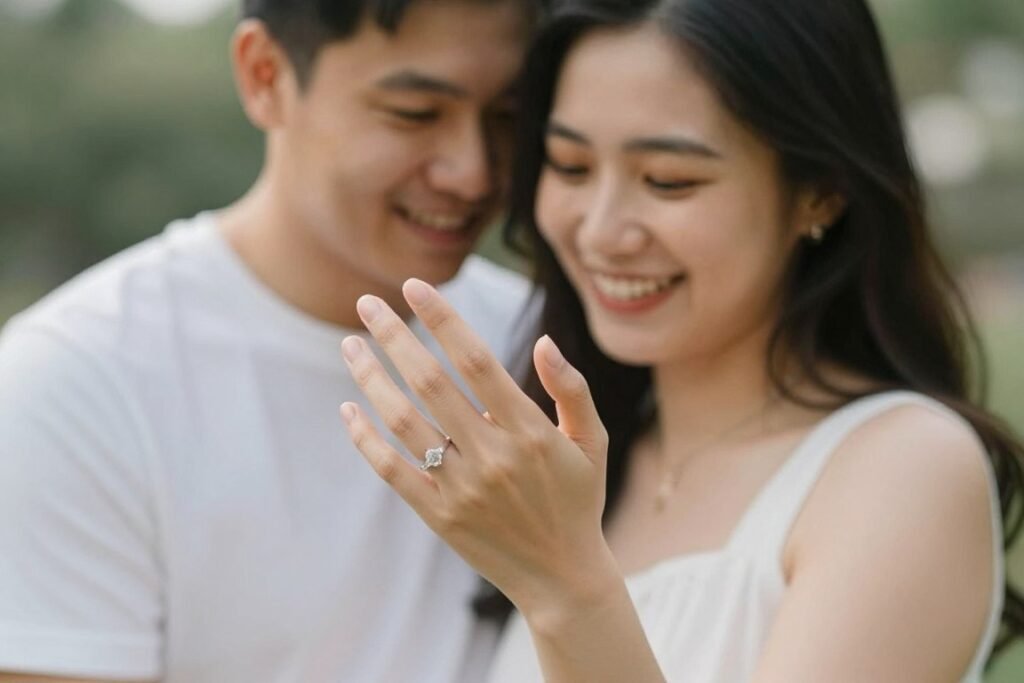 Newly engaged couple embracing and celebrating their intimate proposal Newly engaged couple embracing and celebrating their intimate proposal