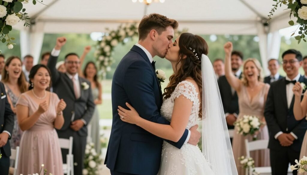 Newlyweds sharing first kiss at altar with guests cheering in background