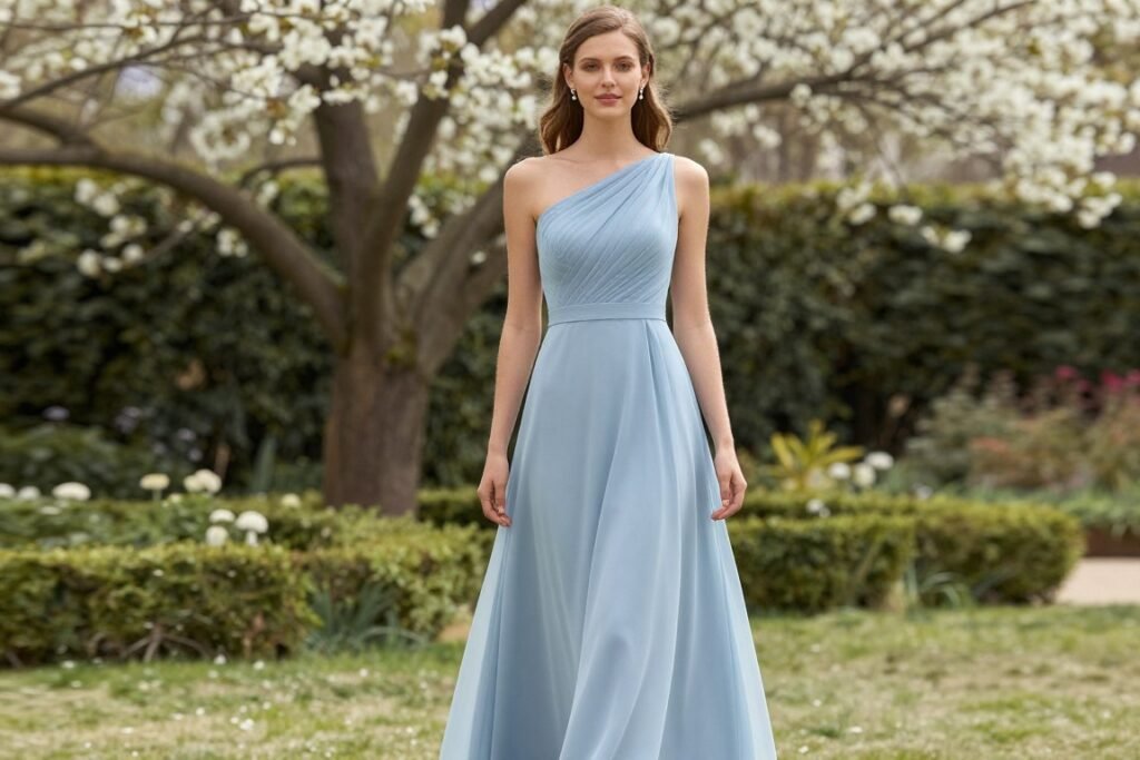 One shoulder dress dusty blue spring