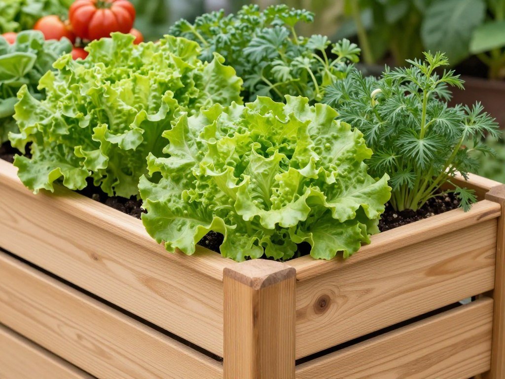 Organic vegetables growing in a cedar planter box Organic vegetables growing in a cedar planter box