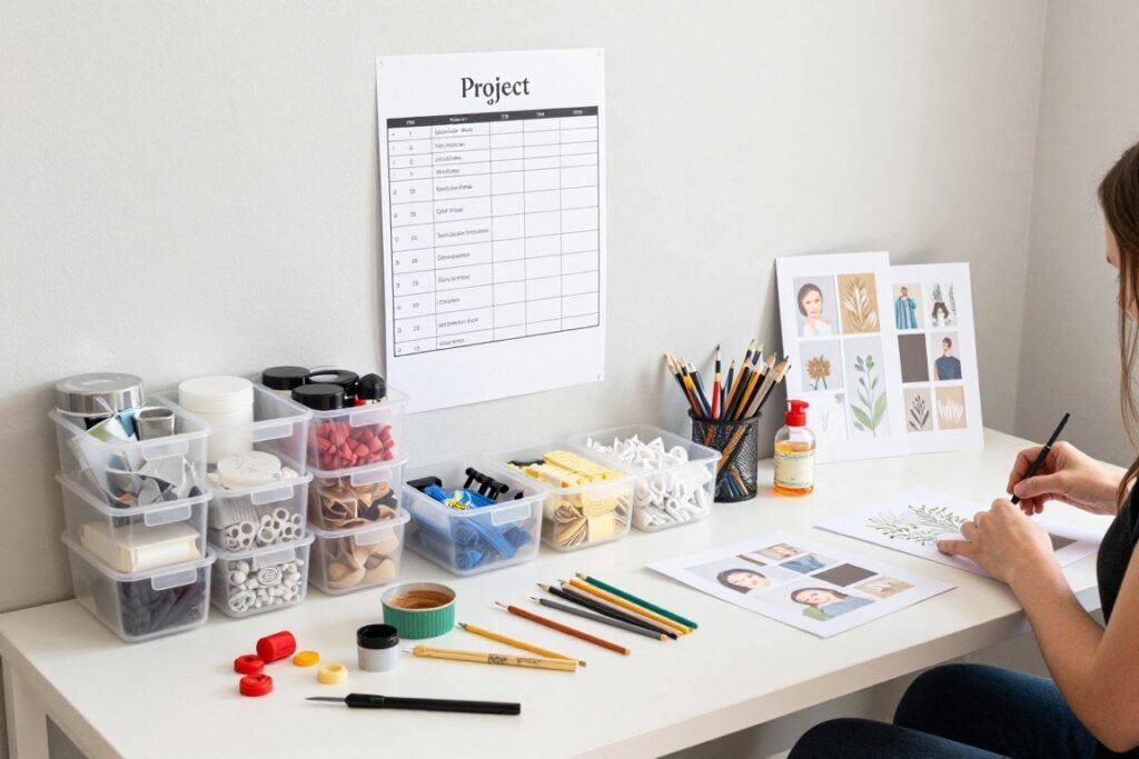 Organized DIY wedding decoration workspace with labeled storage containers and project timelines