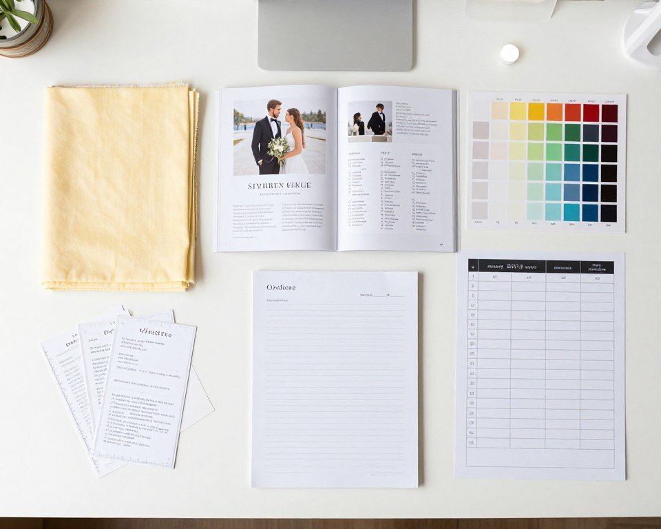 Organized bridal party coordination materials including fabric swatches and style guides