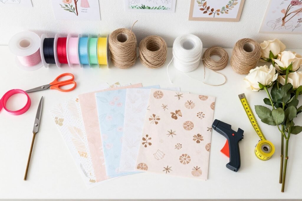Organized craft supplies for DIY wedding decorations including ribbons, twine, scissors, and flower stems