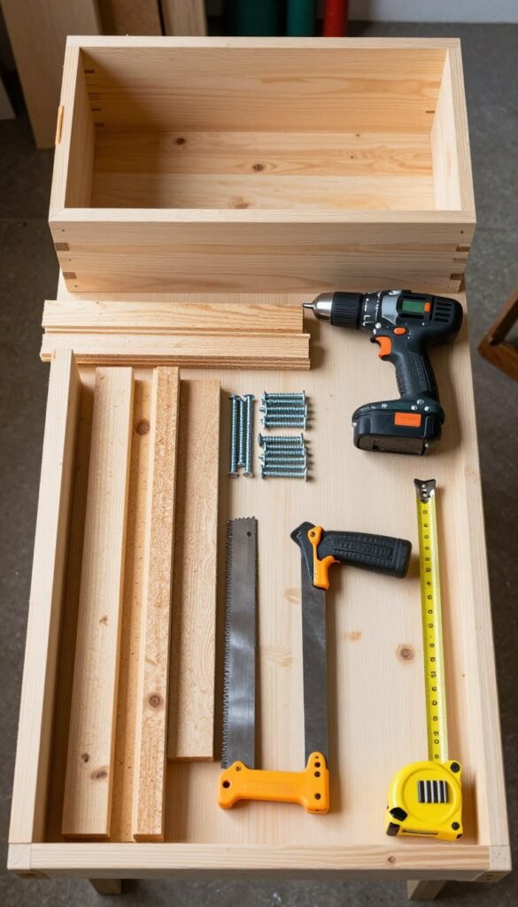 Organized display of all materials and tools needed for the planter box project laid out on a workbench
