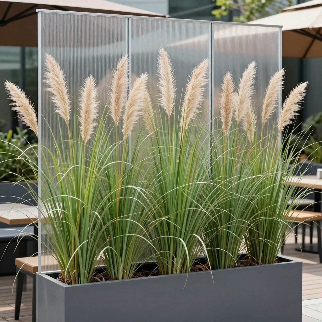 Ornamental grasses in modern planters providing semi-transparent privacy