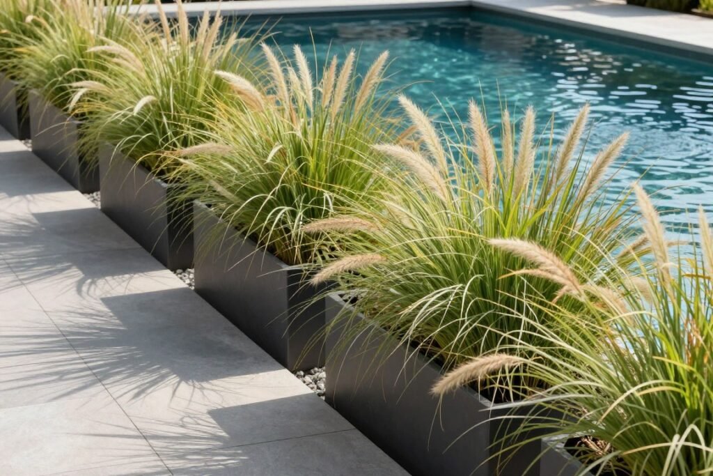 Ornamental grasses in modern planters swaying in the breeze beside a pool Ornamental grasses in modern planters swaying in the breeze beside a pool