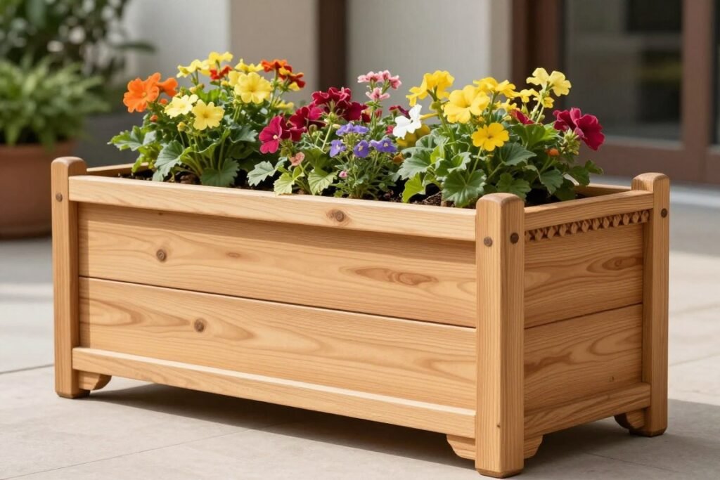 Ornate cedar planter box with decorative details and flowering plants Ornate cedar planter box with decorative details and flowering plants