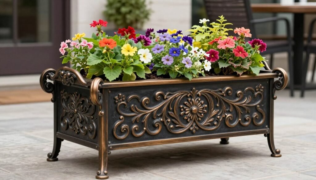 Ornate metal planter box with decorative details filled with flowering plants on a patio Ornate metal planter box with decorative details filled with flowering plants on a patio
