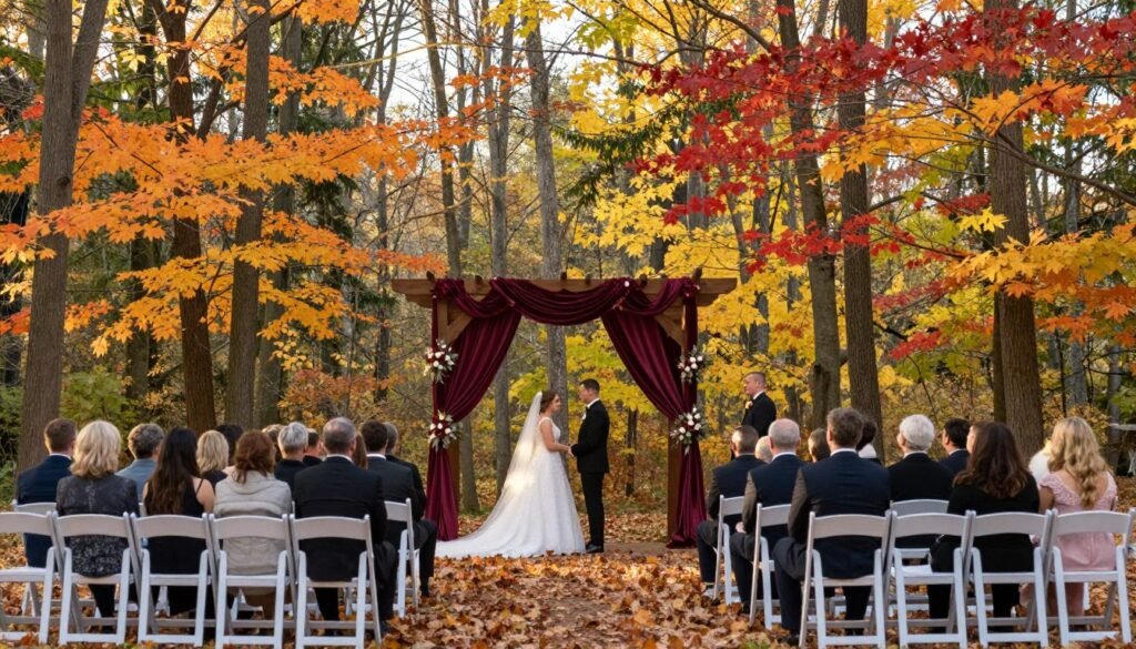 Outdoor October wedding ceremony under colorful fall trees Outdoor October wedding ceremony under colorful fall trees