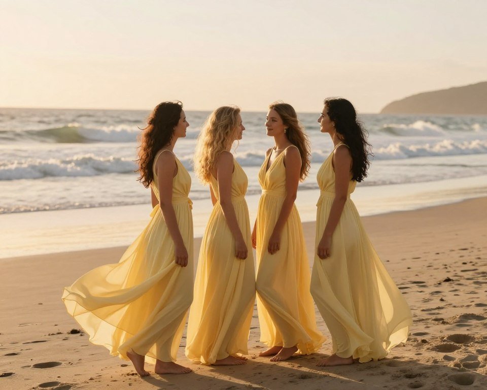 Outdoor beach wedding with bridesmaids in butter yellow dresses on sandy shore