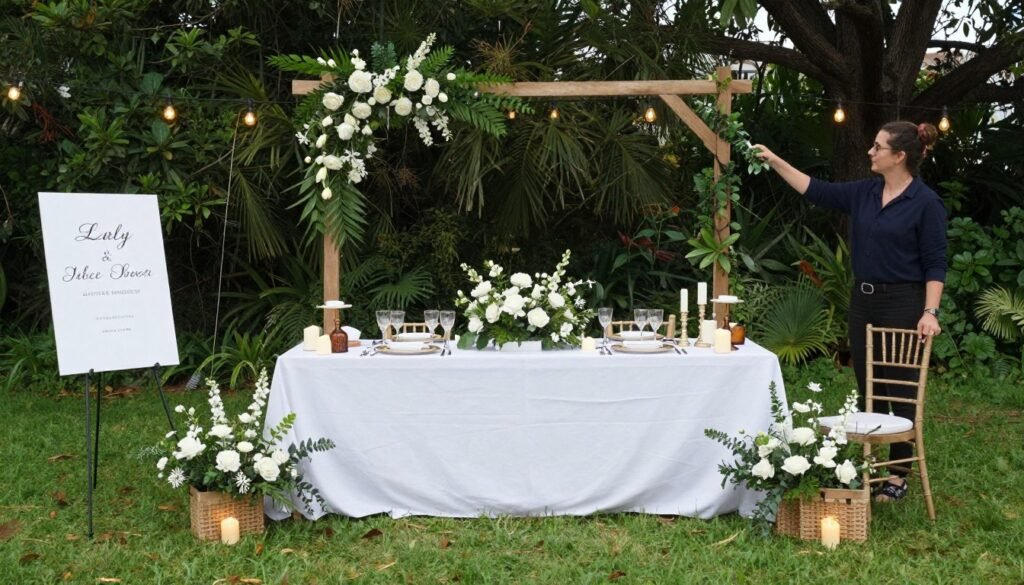 Outdoor bridal shower venue decorated with nature-complementing elements