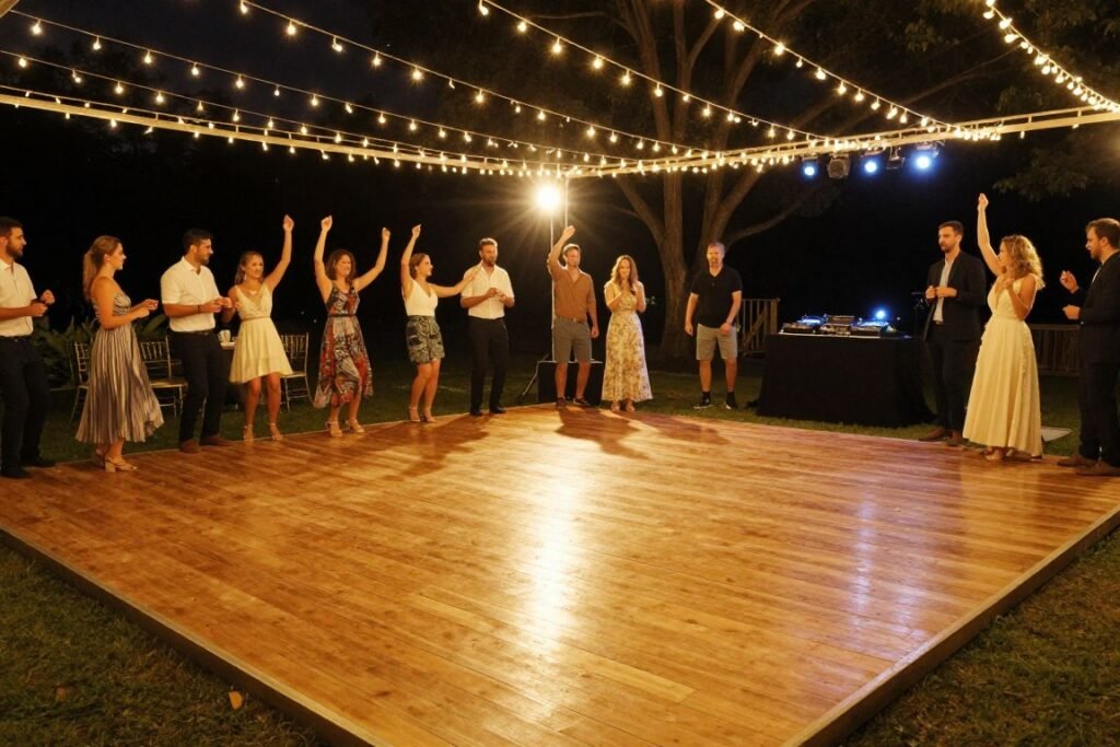 Outdoor dance floor with string lights overhead