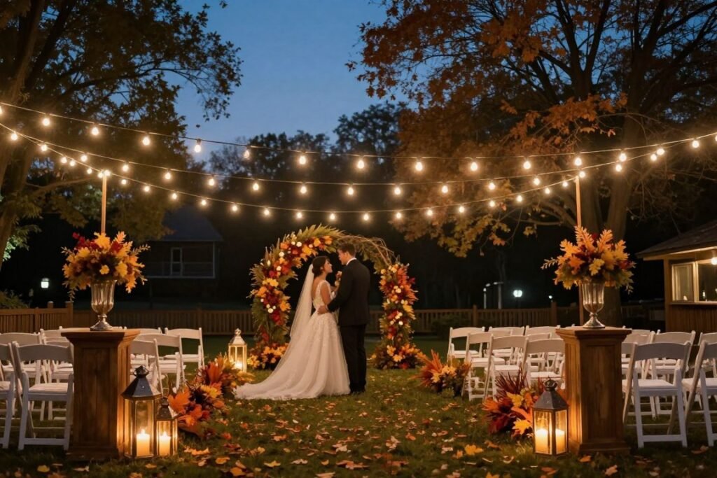 Outdoor fall wedding space with string lights and hanging lanterns Outdoor fall wedding space with string lights and hanging lanterns