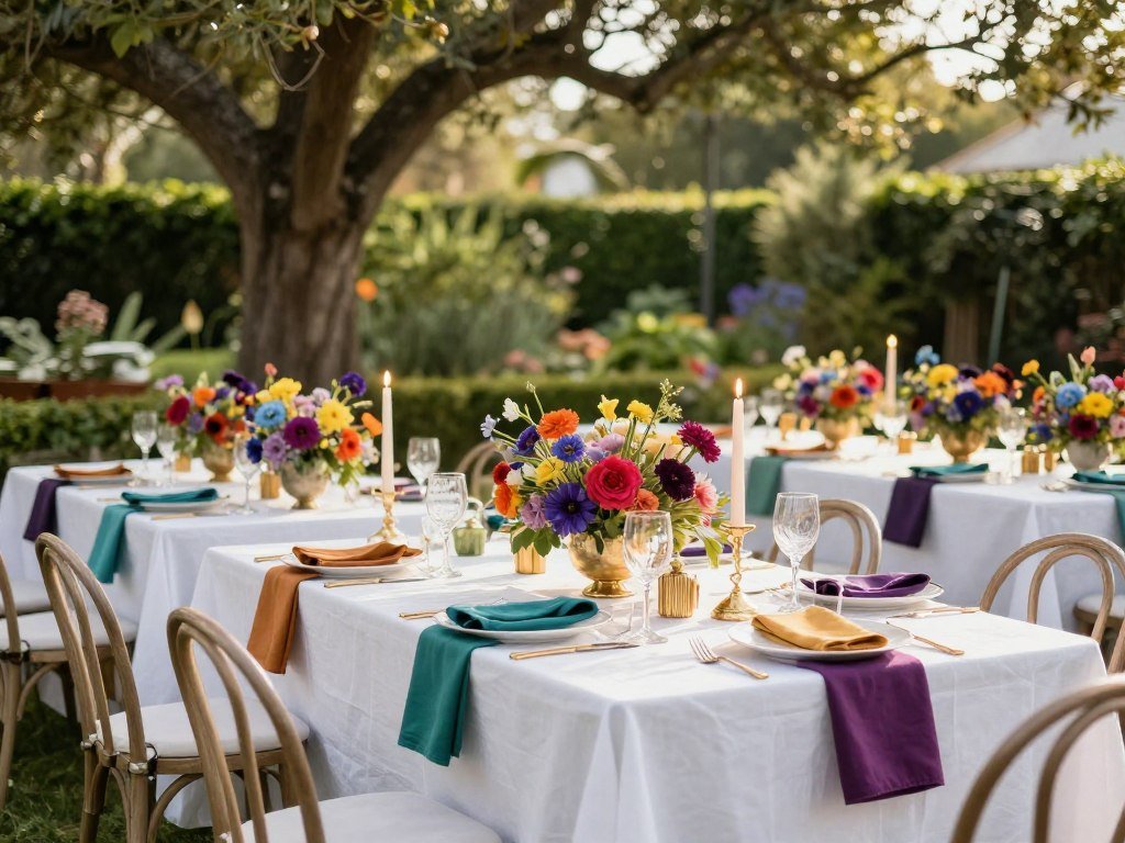 Outdoor garden wedding with jewel tone decor adapted for natural lighting Outdoor garden wedding with jewel tone decor adapted for natural lighting
