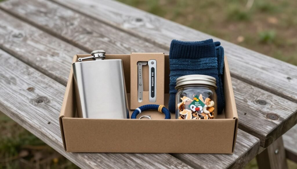 Outdoor-themed groomsmen proposal box with camping and hiking gear