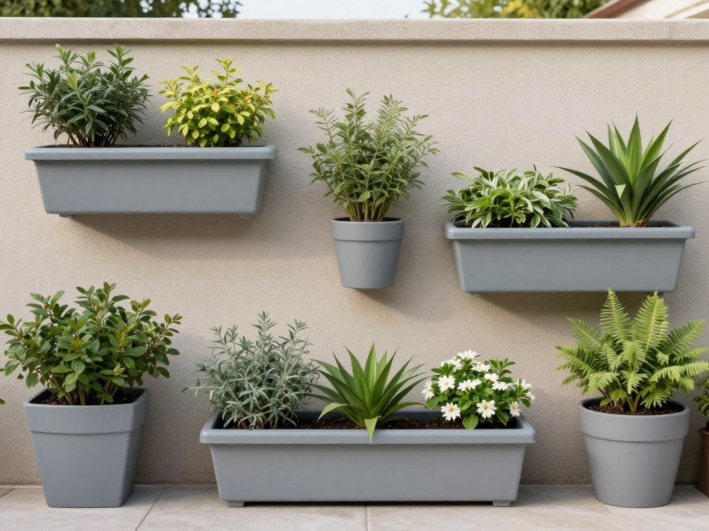 Outdoor wall with planters arranged in a cohesive color and style theme