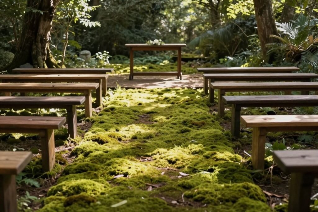 Outdoor wedding aisle created with a path of moss between rows of wooden benches