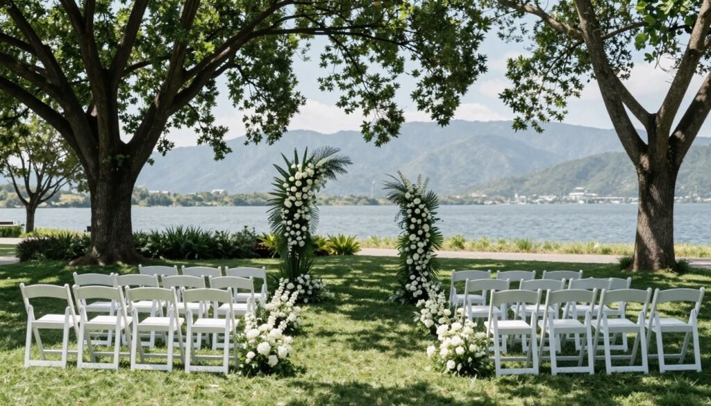 Outdoor wedding ceremony setup in garden setting